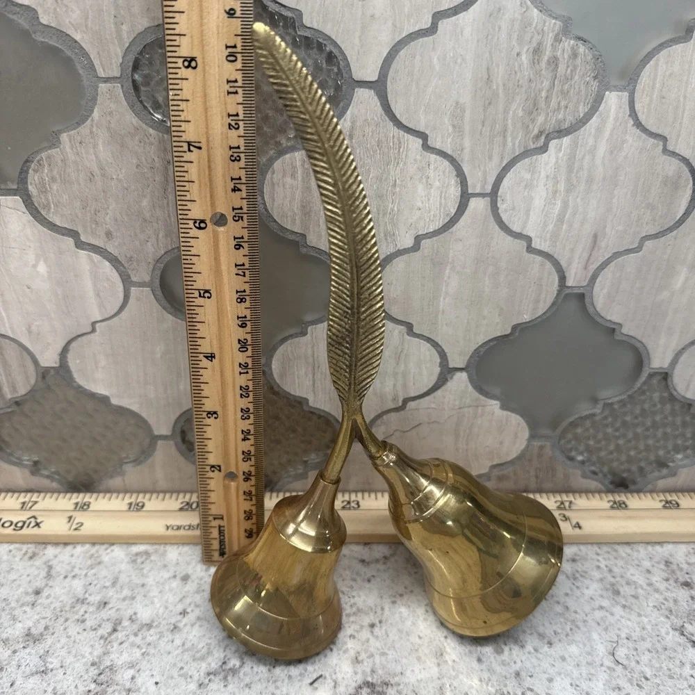 Vtg Enesco India Solid Brass Double Hand Bell Ornate Feather Handle 8.5